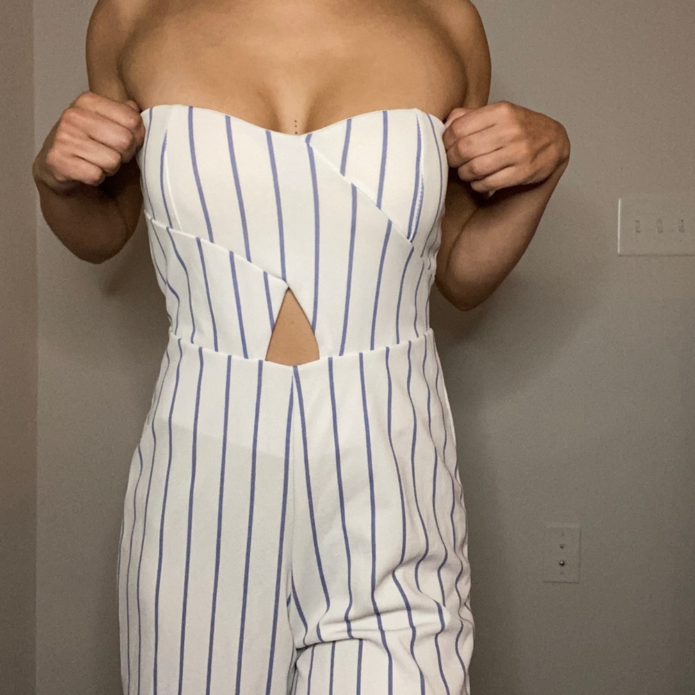 White & blue striped jumpsuit
